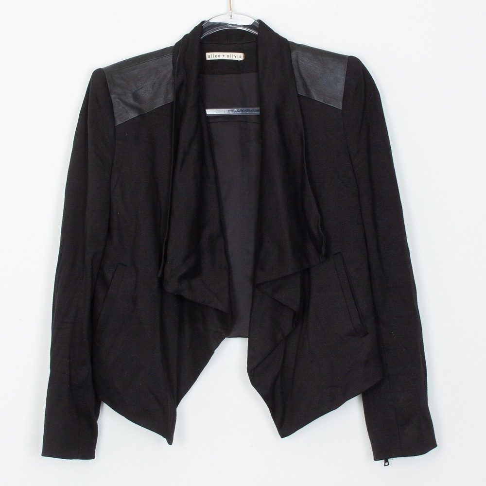 Alice + Olivia Lamb Leather Trim Draped Blazer Jacket Black Womens Size S